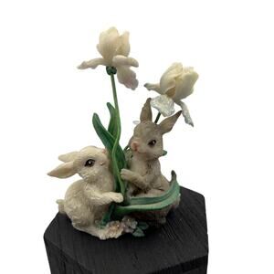 Vintage 5 inch Resin Bunny Rabbit Figurine White Iris Floral Glitter Spring